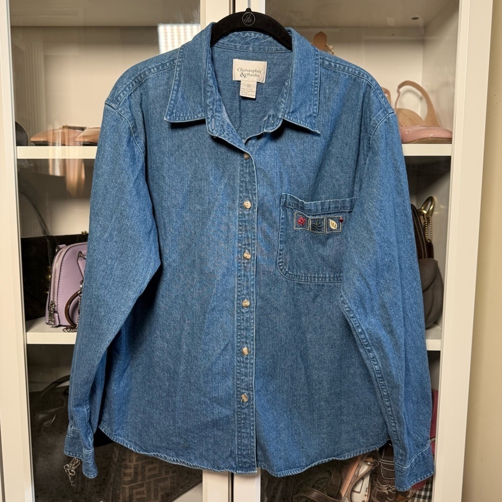 Vintage 90’s Christopher & Banks Embroidered Blue Denim Jean Shirt Size Medium